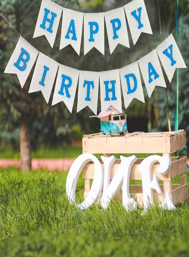 CROWNOS Blue Happy Birthday Banner, Assembled Burlap Happy Birthday Sign for Birthday Party Decorations - Image 4